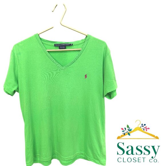 Ralph Lauren Tops - Ralph Lauren Sport Bright Green V‑Neck Tee Chest Logo Cotton XL EUC